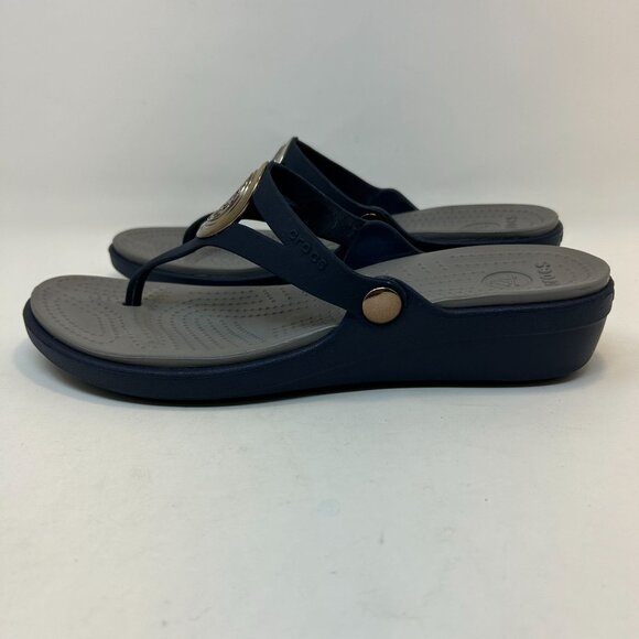 Crocs Sanrah Circle Slide Wedge Flip Sandal Women's 10 Navy Blue Gray - Picture 1 of 9